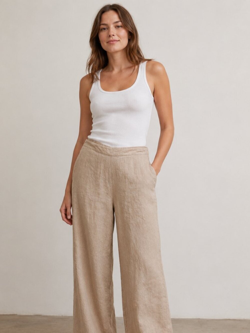 Coldwater Creek Women Large Beige Linen Blend Boho Pull On Wide Leg Pants Size L